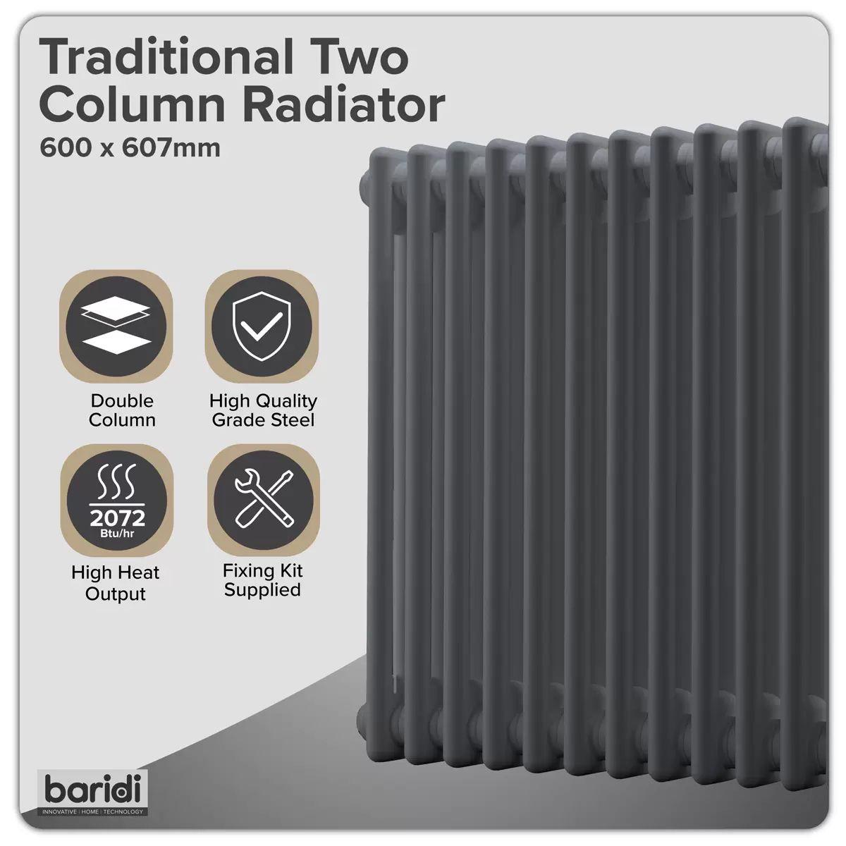 Sealey DH357 Baridi Horizontal Traditional 2 Column Radiator 600 x 607mm Anthracite