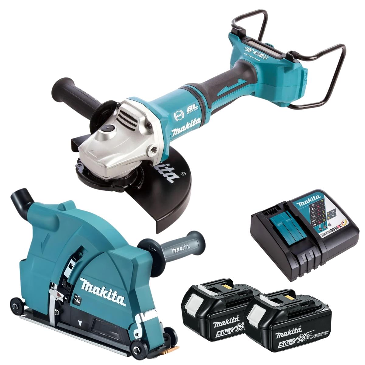 Makita DGA900Z 36V Brushless Angle Grinder With 2 x 5.0Ah Battery Charger & Dust Collecting Wheel Guard