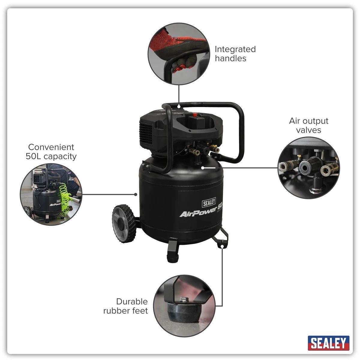 Sealey SAC50V 50L Oil Free Belt Drive Vertical Compressor 2hp & 230V/13A