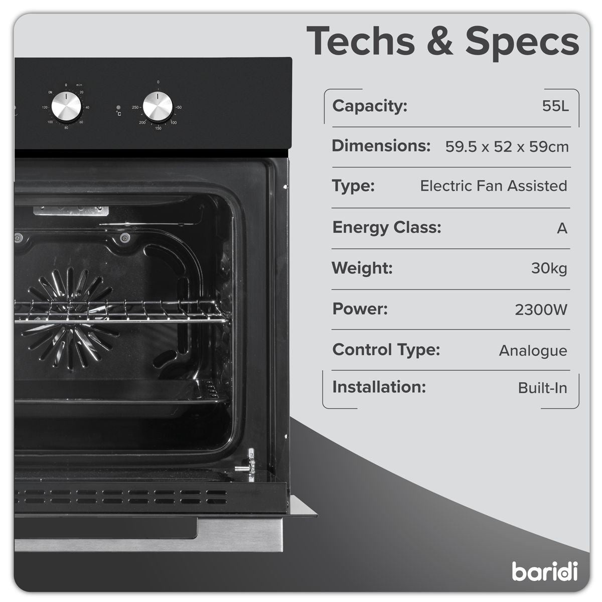 Sealey DH110 Baridi Built-In 5-Function Fan Assisted Oven with Timer 60cm, 55L Capacity
