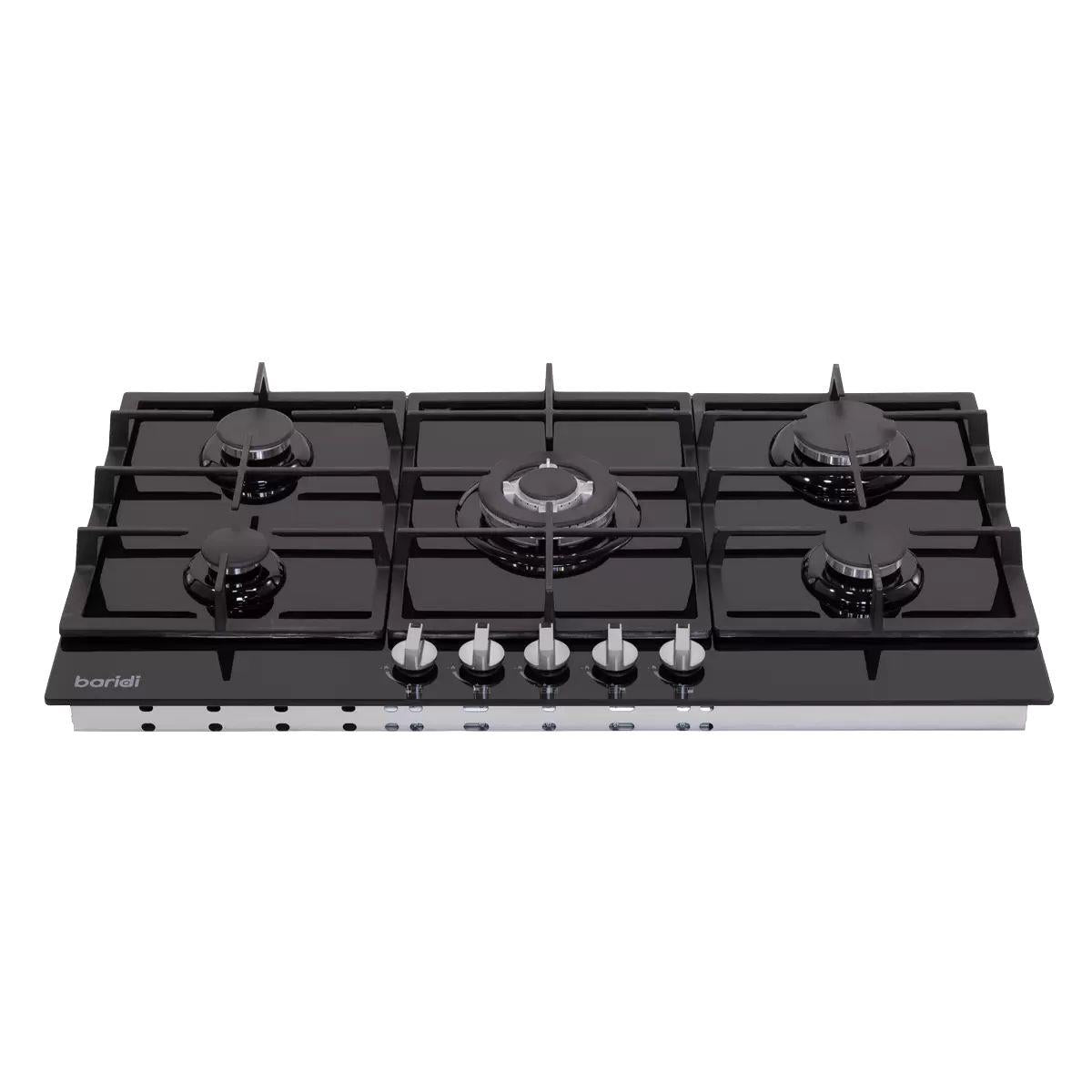 Sealey DH383 Baridi 90cm Gas Hob Black Glass with 5 Burners, Cast Iron Supports & Auto Ignition 11kW/230V