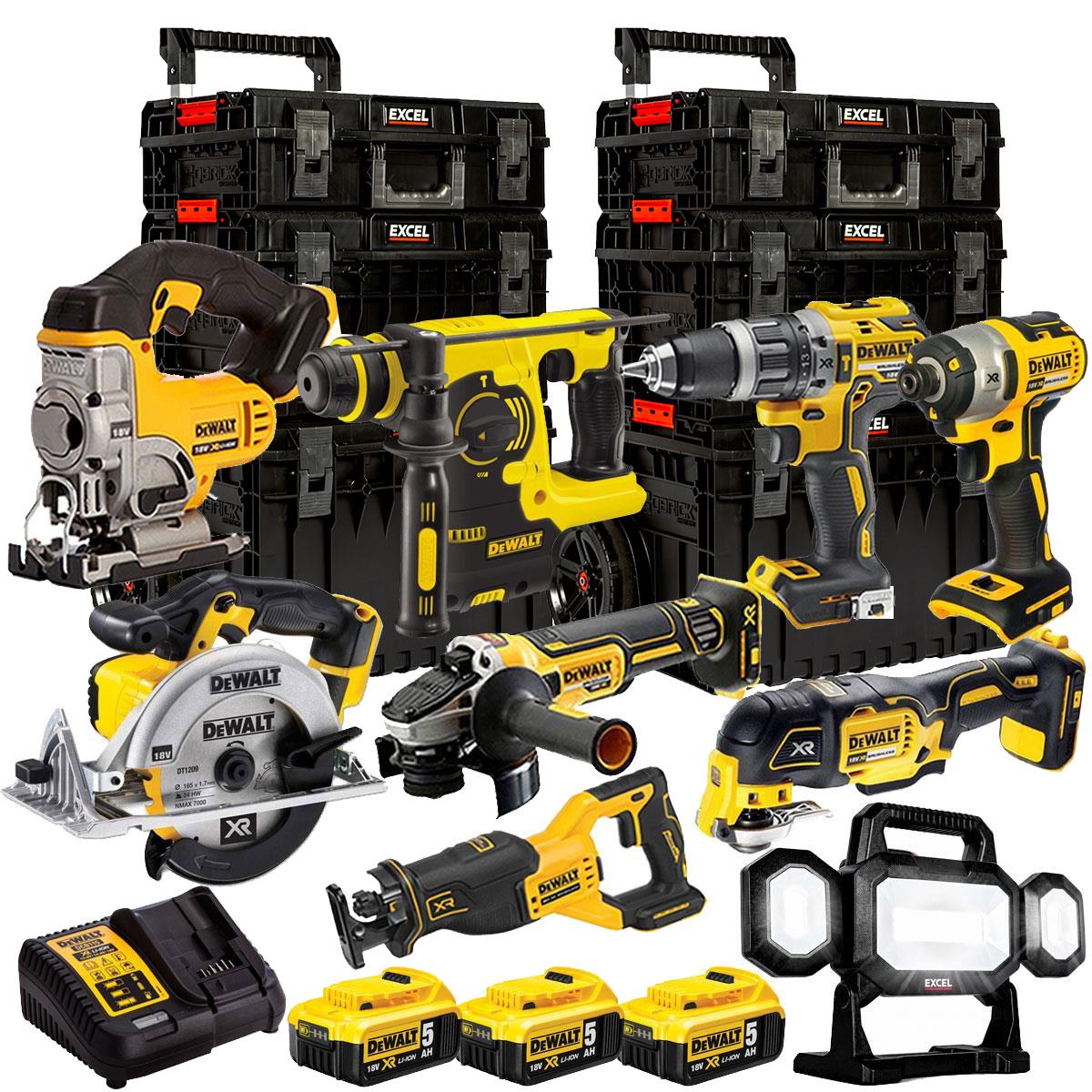 Dewalt 18V 9 Piece Power Tool Kit with 3 x 5.0Ah Battery, Charger & 3 Piece Modular Tool Box T4TKIT-24393
