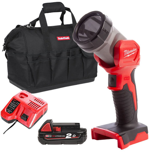 Milwaukee M18TLED-0 M18 18V LED Work Light Torch with 1 x 2.0Ah Battery Charger & Bag