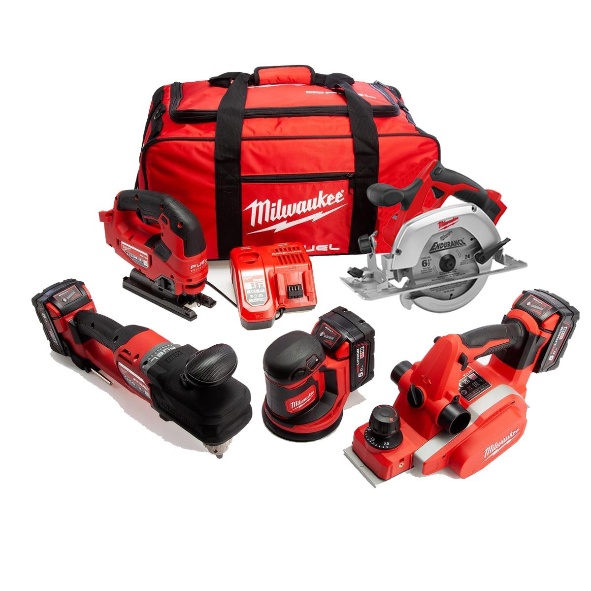 Milwaukee M18PP5C-503B 18V FUEL Woodworking 5 Piece Kit with 2 x 5.0Ah Batteries & Charger 4933480469