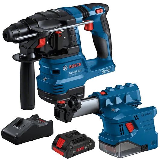 Bosch GBH 18V-22 18V Brushless SDS-Plus Rotary Hammer Drill with 1 x 4.0Ah Battery, Charger & GDE 18V-12 Dust Extractor Attachment