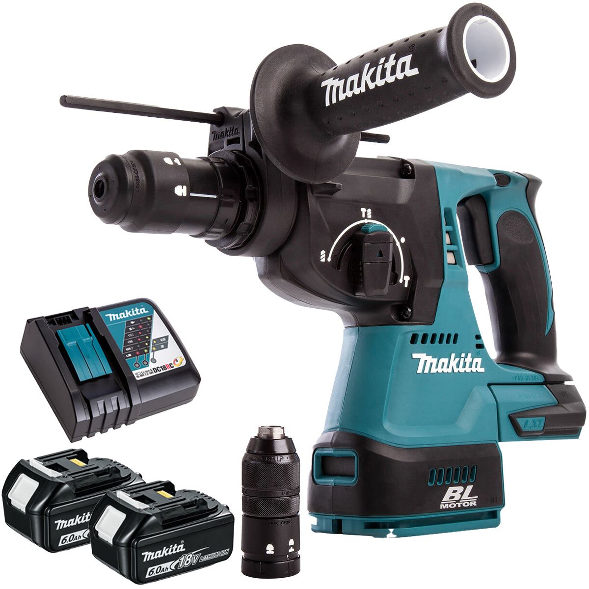 Makita DHR243Z 18V Brushless 24mm SDS+ Rotary Hammer Drill with 2 x 6.0Ah Battery & Charger