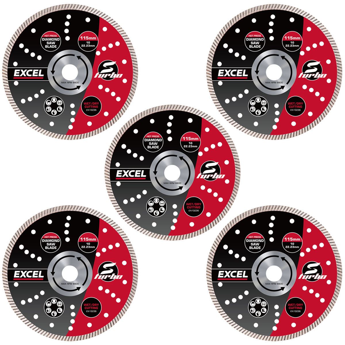 Excel 115mm Diamond Blade Slim Turbo Wet & Dry Use Pack of 5