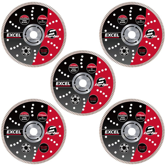 Excel 115mm Diamond Blade Slim Turbo Wet & Dry Use Pack of 5