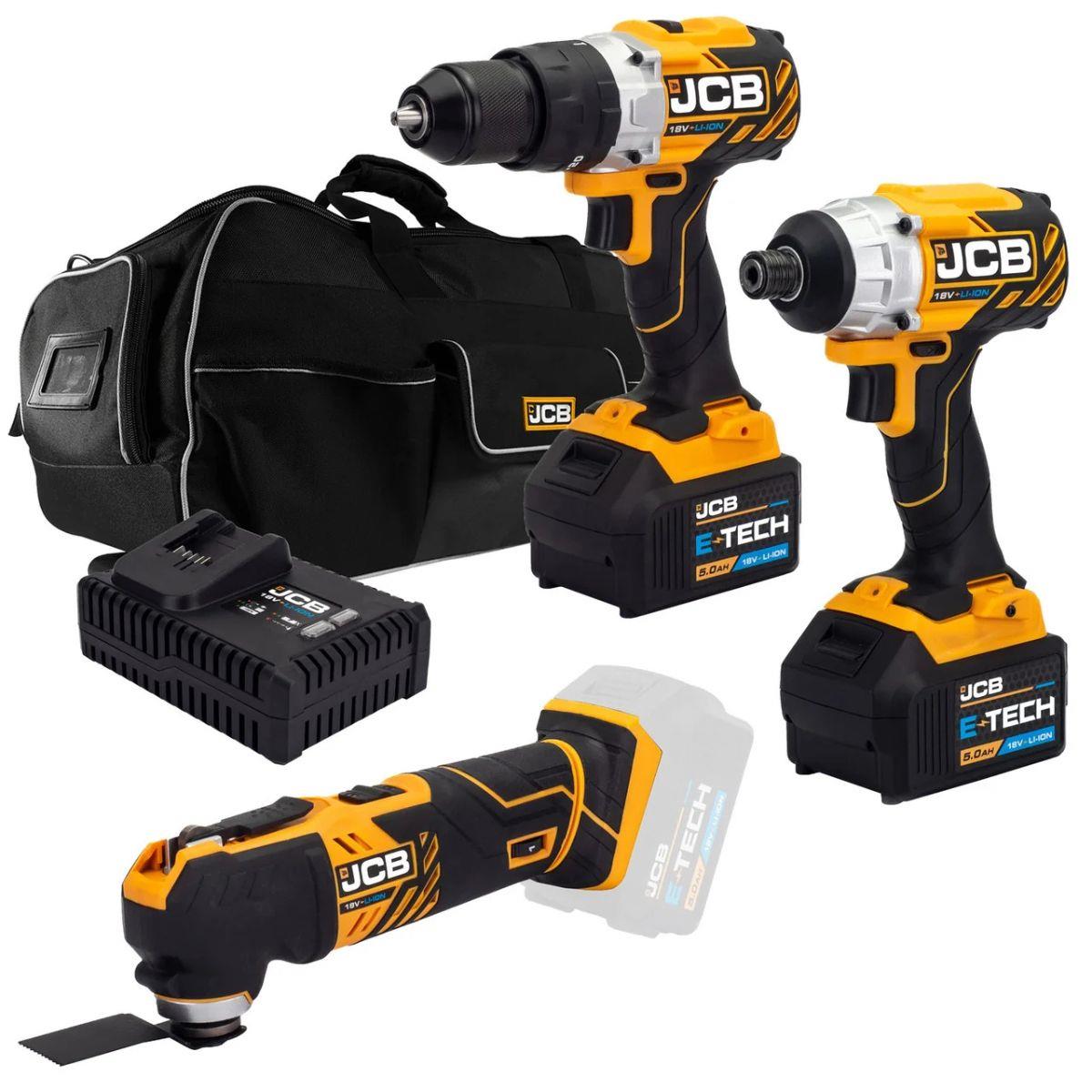 JCB 21-18TPKMT-5 18V Brushless Combi Drill, Impact Driver & Multi Tool Kit with 2 x 5.0ah Batteries, Charger & Bag