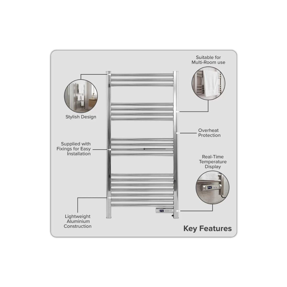 Sealey DH372 Baridi Electric Heated Towel Rail 1085 x 535mm with LED Display Silver 230V