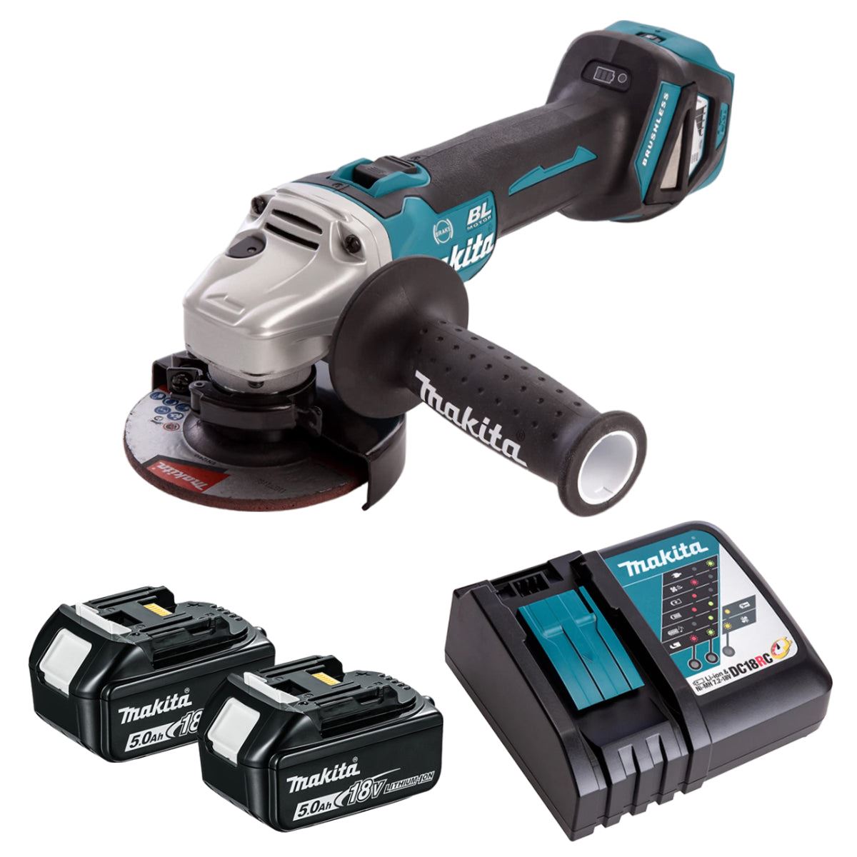Makita DGA463Z 18V Brushless 115mm Angle Grinder with 2 x 5.0Ah Battery & Charger