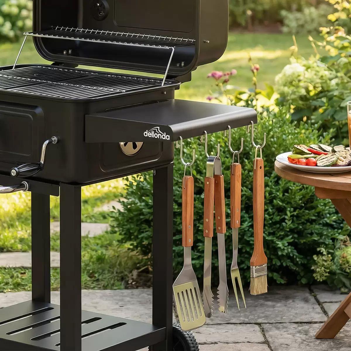 Sealey DG283 Dellonda Charcoal Grill BBQ Smoker and Trolley with 2 Side Shelves Black