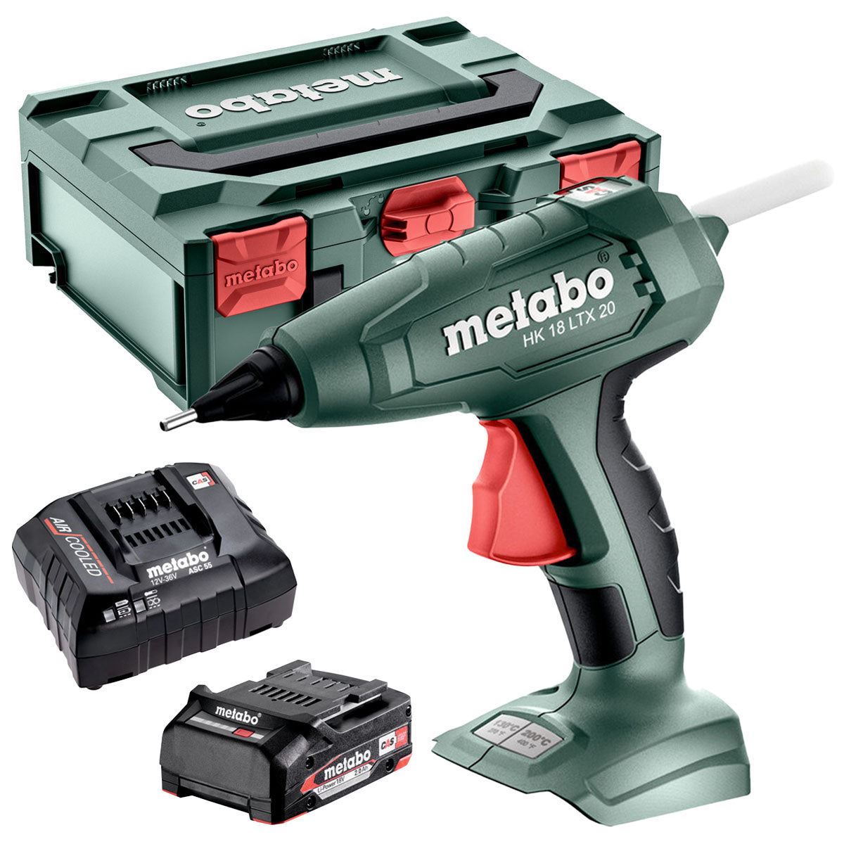 Metabo HK 18 LTX 20 18V Hot Glue Gun with 1 x 2.0Ah Battery, Charger, Glue Sticks & Metabox