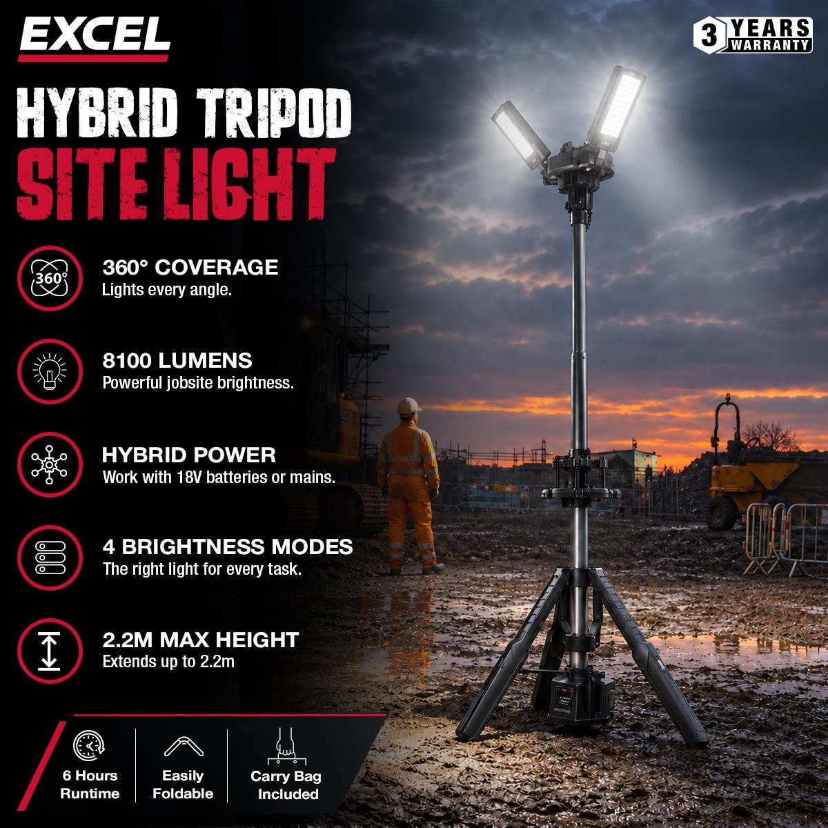Excel 18V/240V 8100 Lumens Hybrid Tripod LED Flood Light with Carry Bag