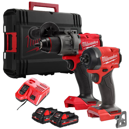 Milwaukee 18V Fuel Brushless Combi Drill + Impact Driver Twin Kit with 2 x 3.0Ah Battery Charger & Case