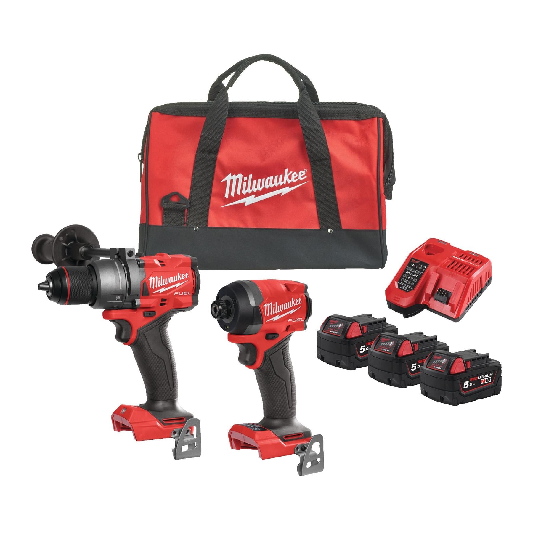 Milwaukee M18FPP2A3-503B 18V Fuel Brushless Combi Drill + Impact Driver with 3 x 5.0Ah Battery Charger & Bag 4933501775