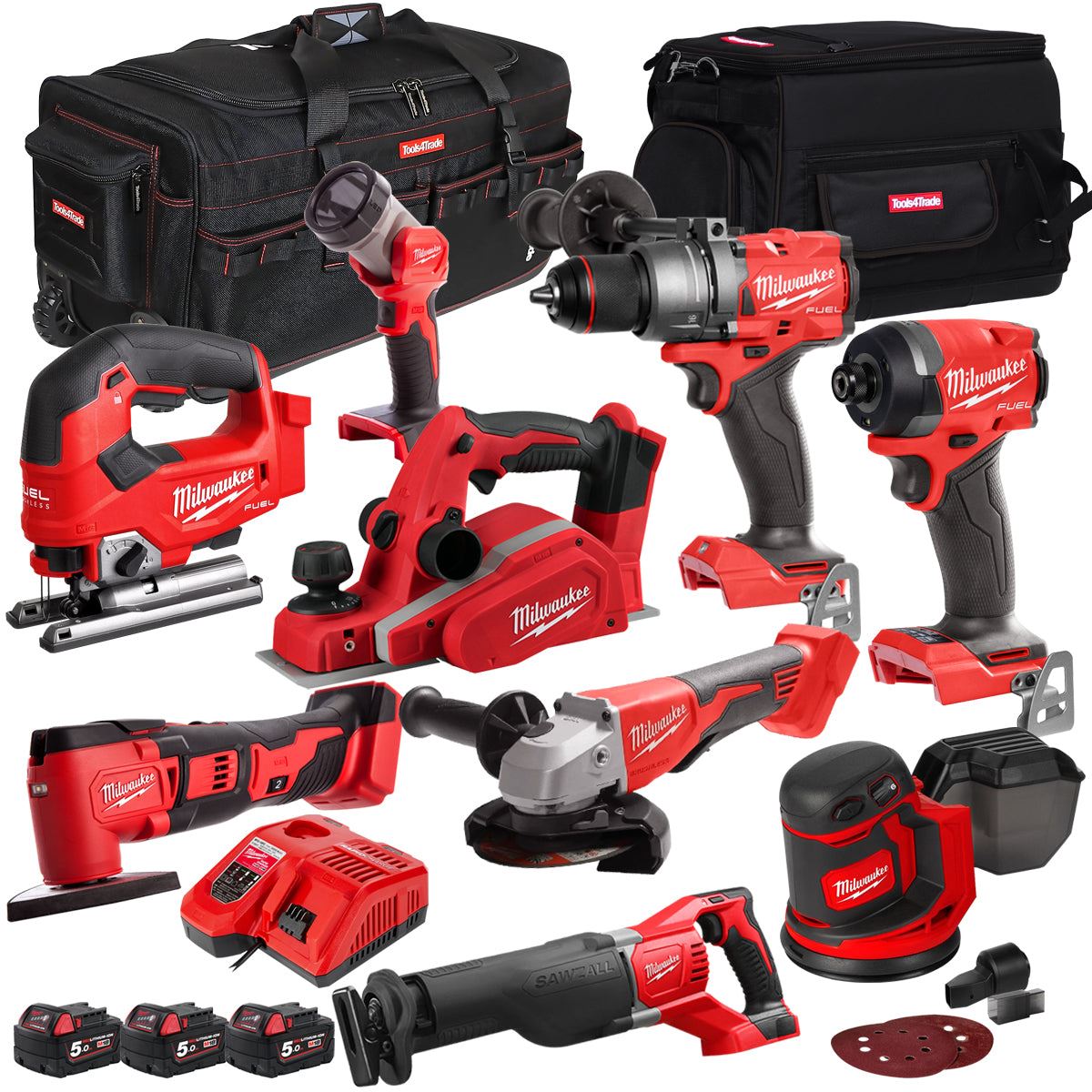 Milwaukee 18V 9 Piece Power Tool Kit with 3 x 5.0Ah Batteries T4TKITM-89