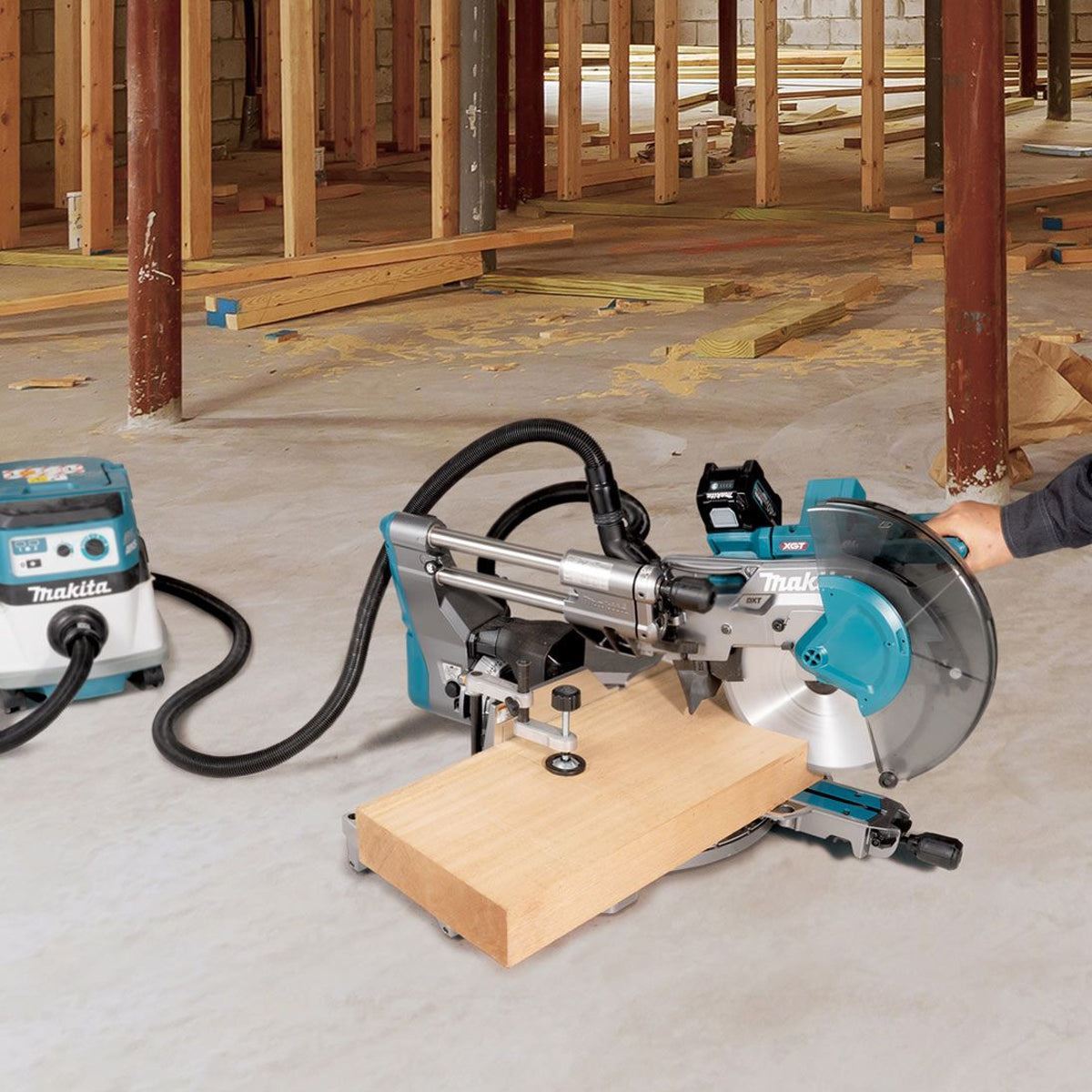 Makita LS003GD201 40V Max XGT Brushless Slide Mitre Saw With 2 x 2.5Ah Batteries, Charger & Adjustable Leg Stand
