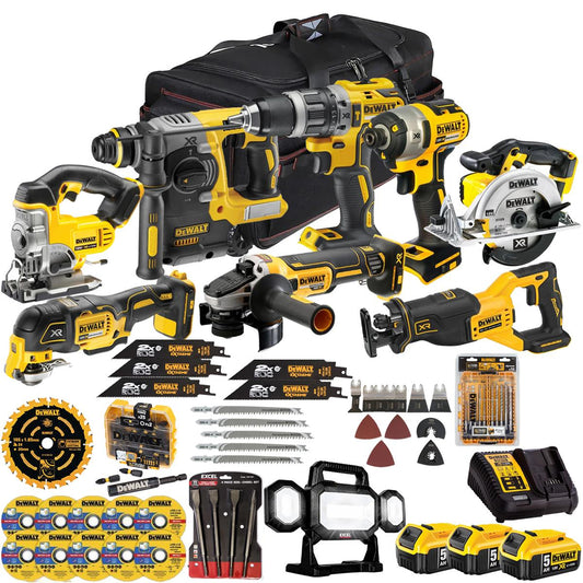 Dewalt 18V 9 Piece Power Tool Kit with 3 x 5.0Ah Battery Charger & Accessories Set T4TKIT-17219