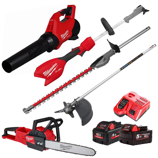 Milwaukee M18 18V 3 Piece Gardening Tool Kit with Hedge Trimmer & Brush Cutter Attachment 2 x Batteries & Charger T4TKIT-29522