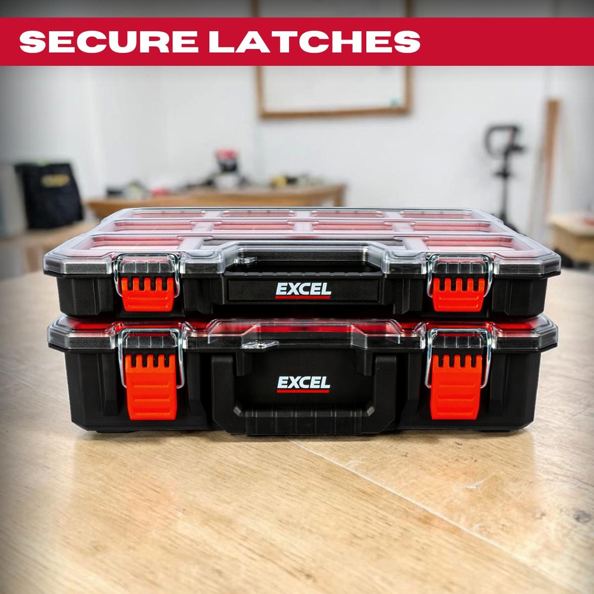 Excel 2-in-1 Tool Organiser Case, Portable Storage with Custom Dividers & Clear Lid