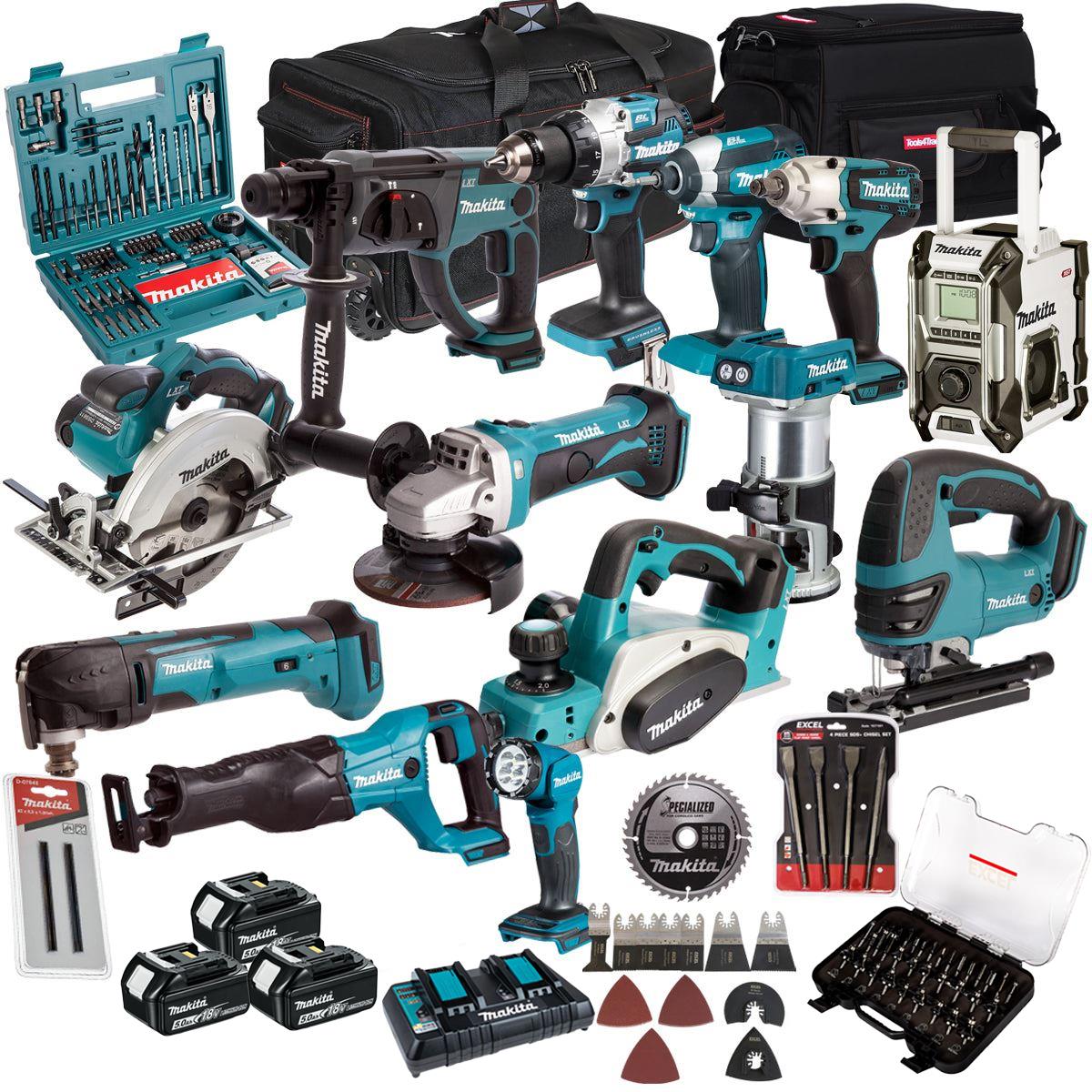 Makita 18V 13 Piece Combo Kit with 3 x 5.0Ah Battery Charger & Accessories Set T4TKIT-17222