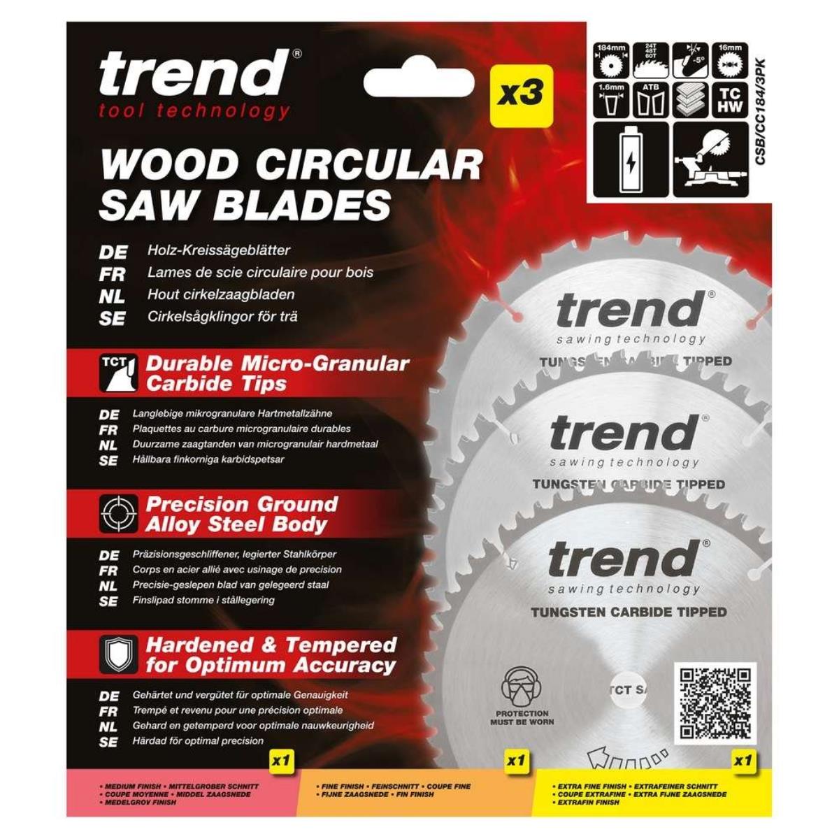Trend CSB/CC184/3PK CraftPro Mixed Triple Pack Mitre Saw Blades 184mm x 16mm x 24/48/60T