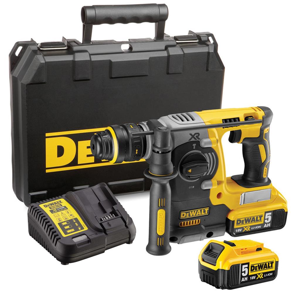 Dewalt DCH273P2 18V Brushless SDS+ Hammer Drill With 2 x 5.0Ah Batteries, Charger & Case, 4 Piece Chisel Set + Keyless Chuck