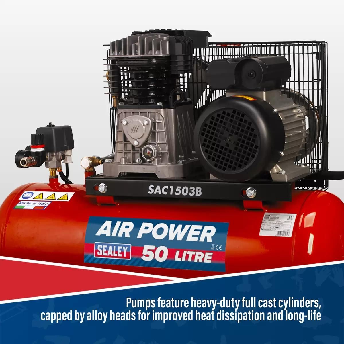 Sealey SAC1503B 50L Belt Drive Air Compressor with Cast Cylinders & Wheels 230V/13A