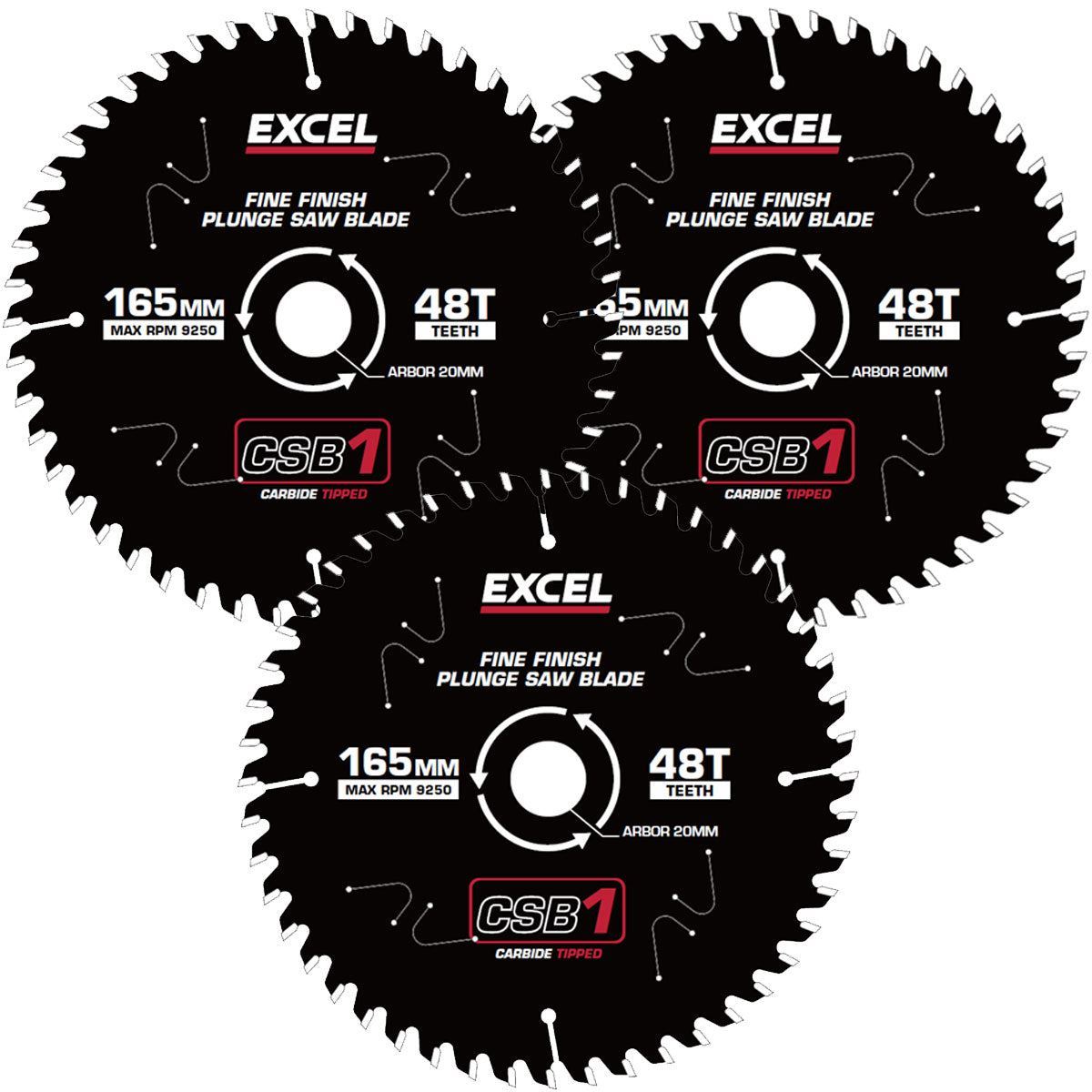 Excel 165mm Plunge Saw Blade 48T with Teflon Coating Pack of 3