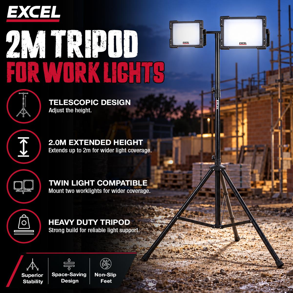 Excel 2M Tripod with Crossbar For Flood, Site & Work Lights