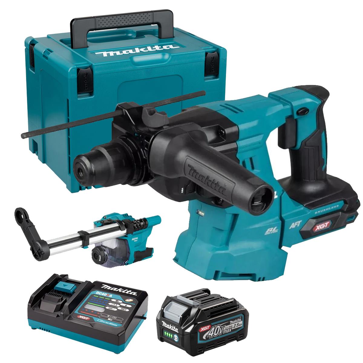 Makita HR011GZ03 40V Max XGT Brushless SDS-Plus Rotary Hammer Drill with 1 x 2.5Ah Battery, Charger Dust Collector & Case