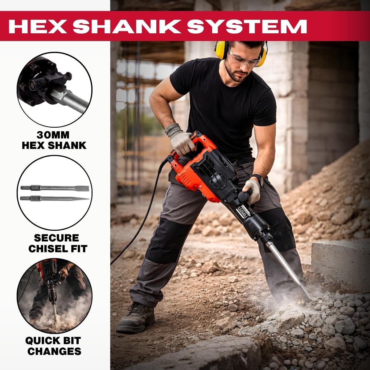 Excel 1700W 55J Hex Shank Demolition Hammer 230V with Case & Chisels Item Condition Damaged Box