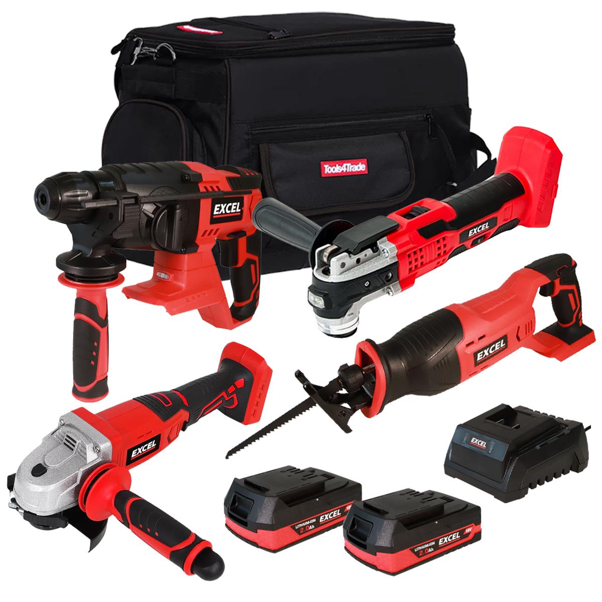Excel 18V Cordless 4 Piece Tool Kit with 2 x 2.0Ah Batteries & Charger in Bag EXLKIT-29329