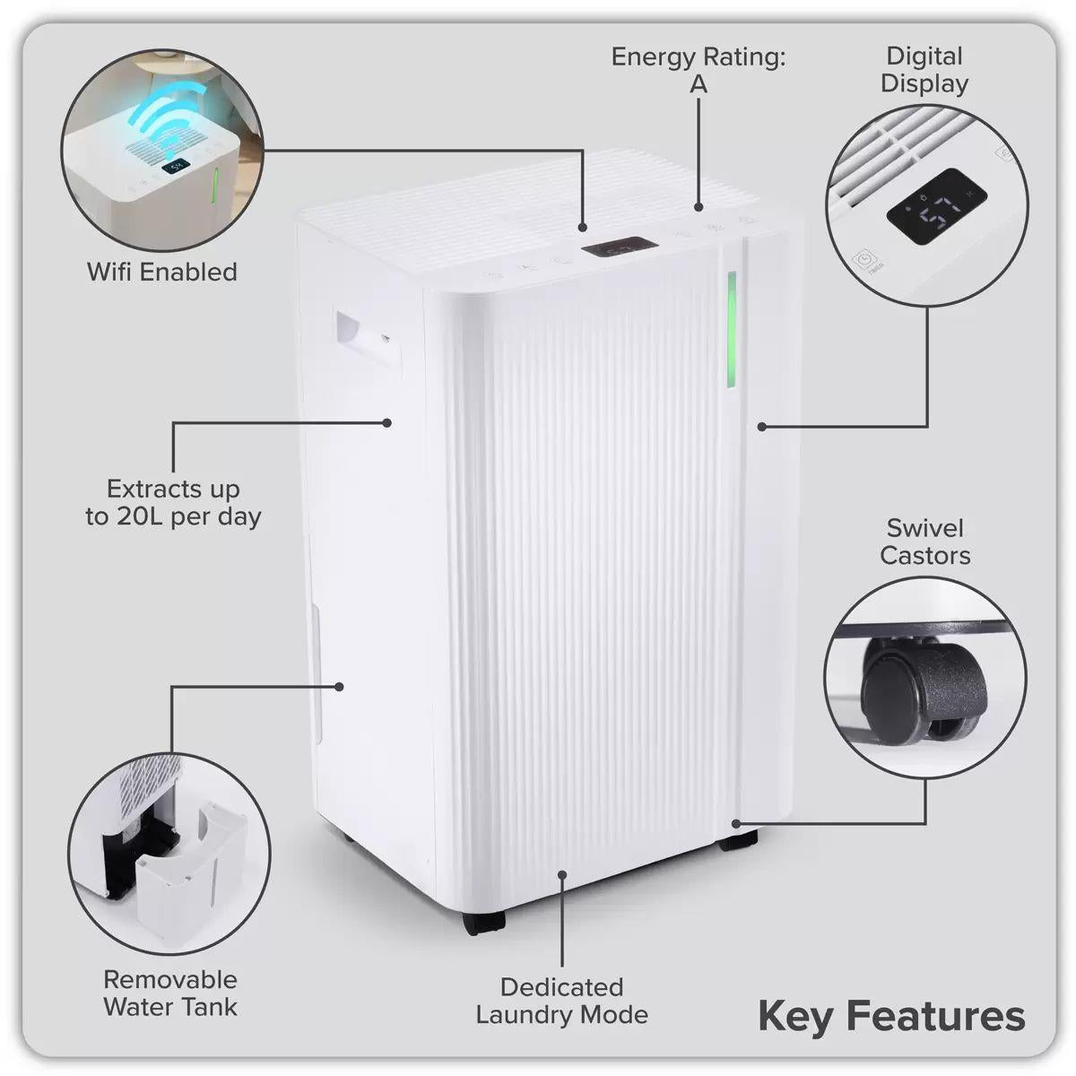 Sealey DH148 Baridi Dehumidifier with Digital Display & 24hr Timer 20L White 230V