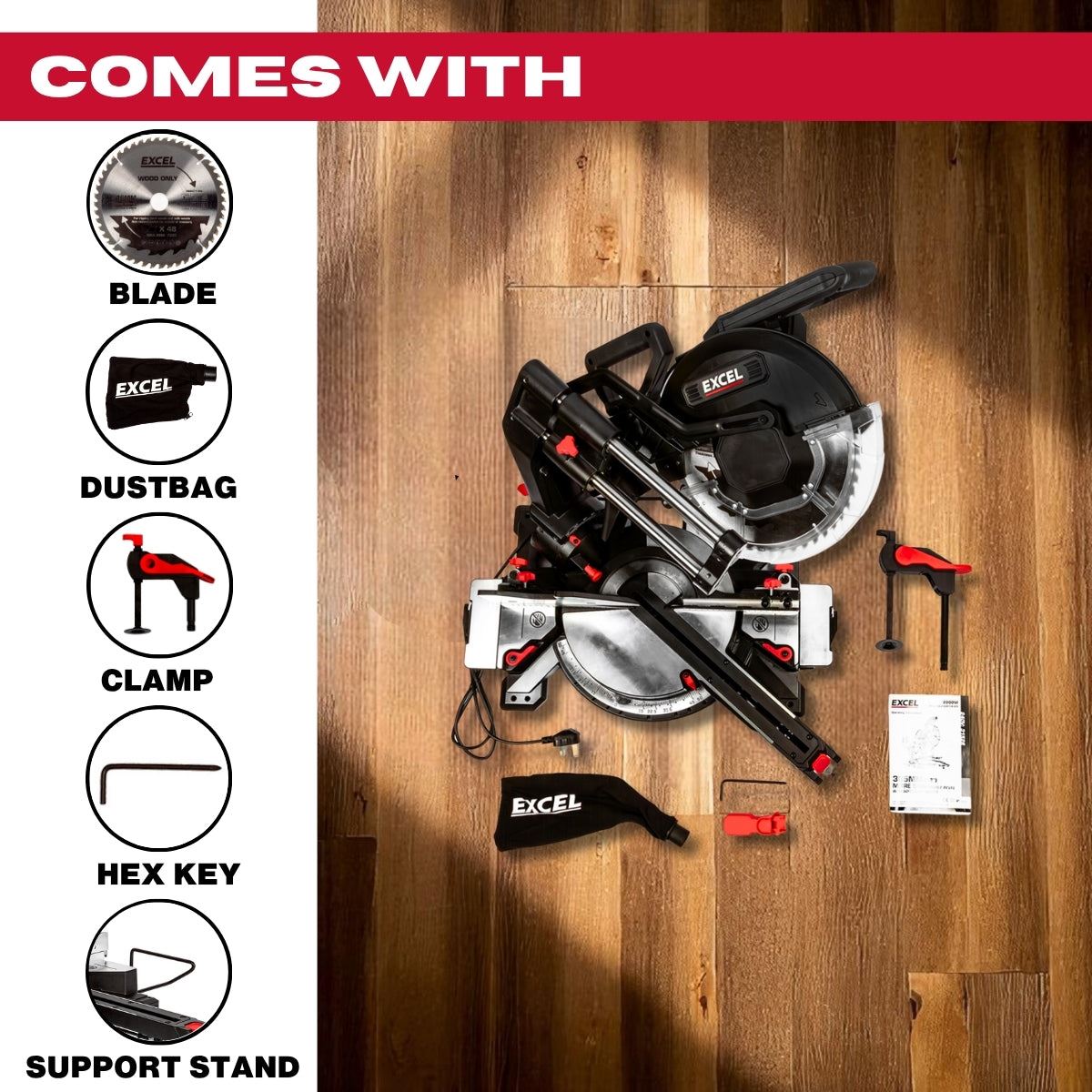 Excel 305mm Sliding Mitre Saw with LED Light & 48T Blade 240V/2000W
