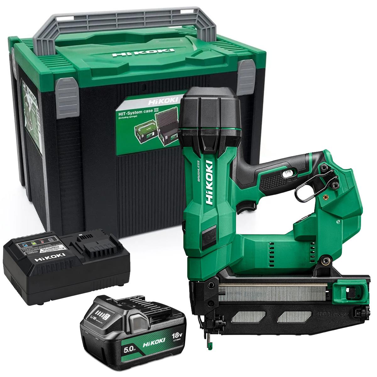 HiKOKI NT1865DSAW9Z 18V 16G Straight Finish Nailer With 1 x 5.0Ah Battery Charger & Case