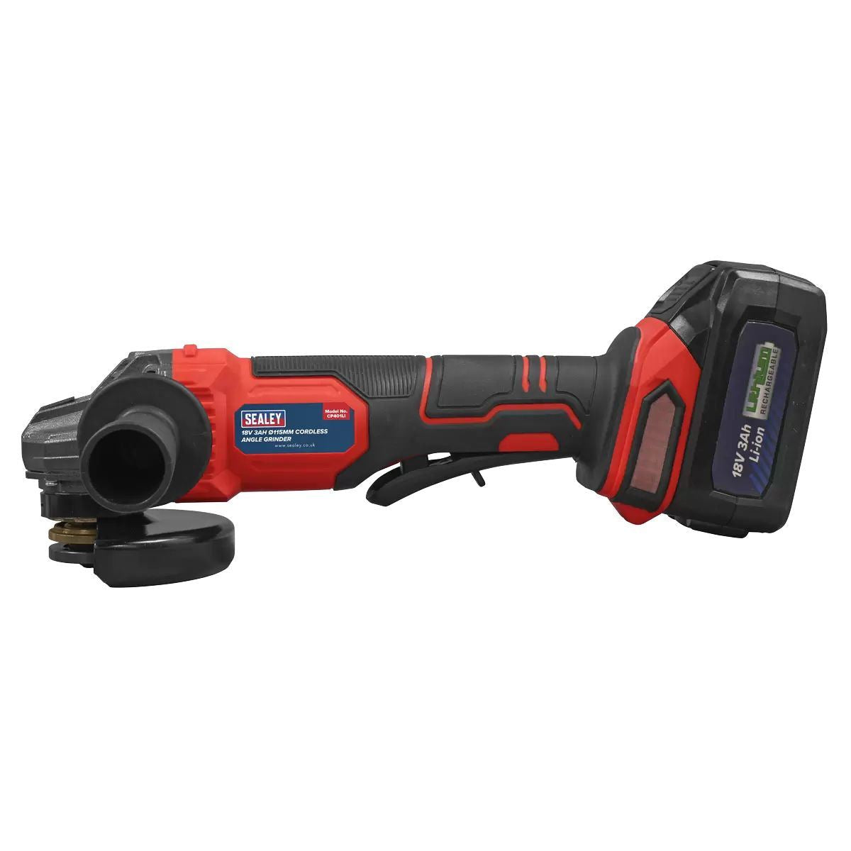 Sealey CP401LI 18V Angle Grinder 115mm 1 x 3Ah lithium-ion battery & 2.4A mains charger in a storage case