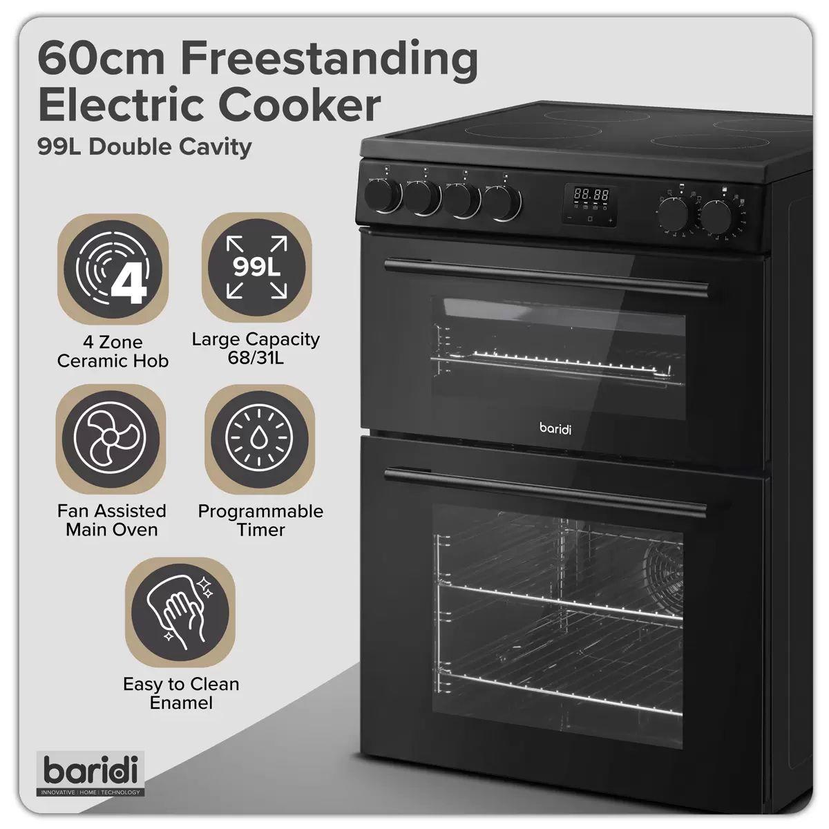 Sealey DH429 Baridi 60cm Freestanding Cooker with 99L Double Cavity & Ceramic Hob Black 240V