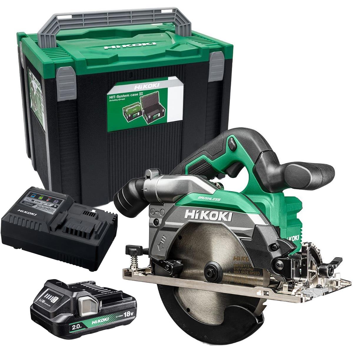Hikoki C1806DBW2Z 18V Brushless 165mm Circular Saw with 1 x 2.0Ah Battery Charger & Case