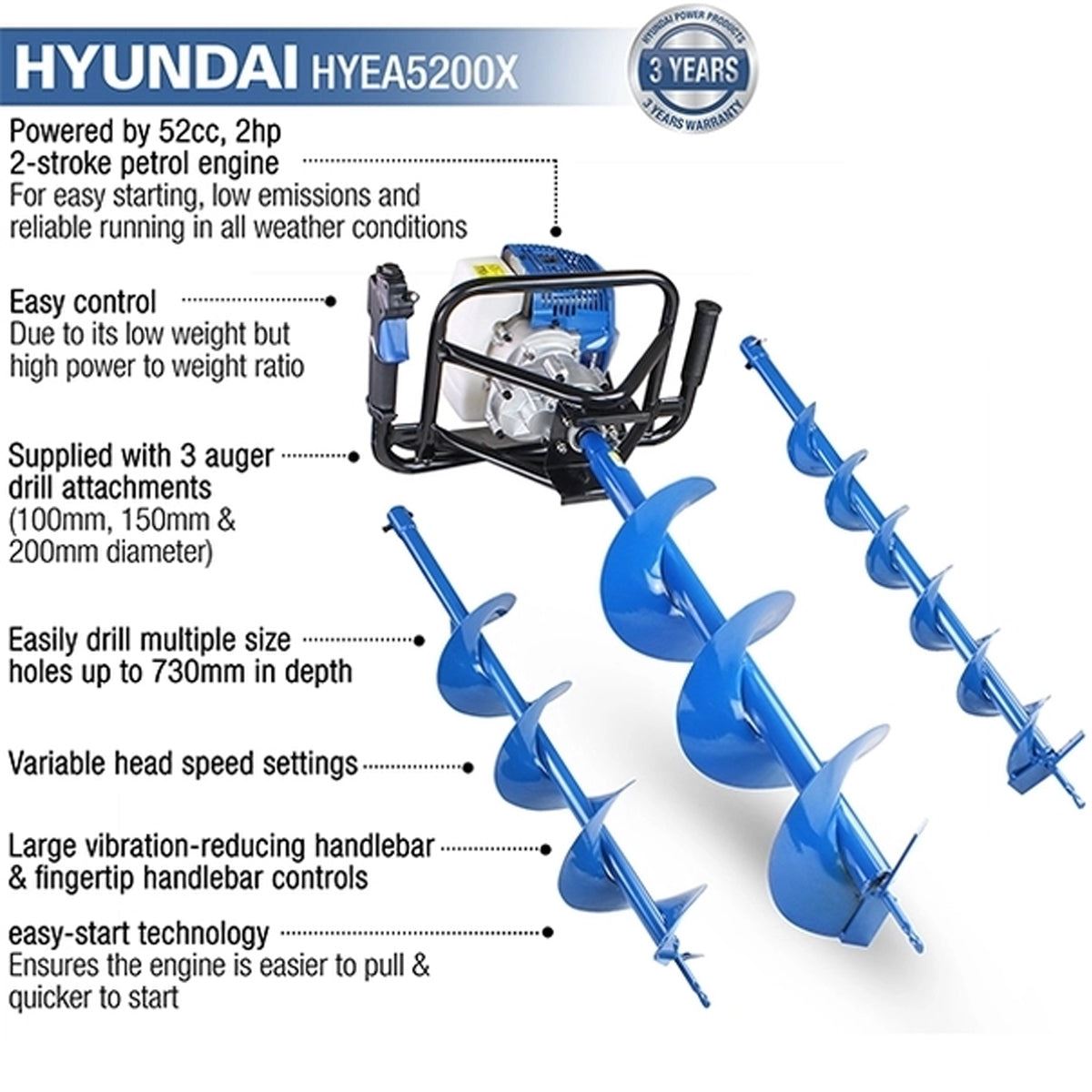 Hyundai HYEA5200X 52cc Petrol Earth Auger, Post Hole Borer and Ground Drill 100, 150 & 200mm