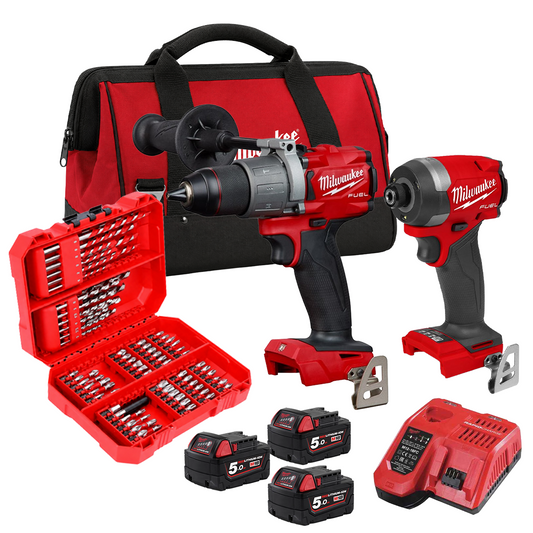Milwaukee M18FPP2A3-503B 18V Fuel Brushless Combi Drill + Impact Driver with 3 x 5.0Ah Battery, Charger & 80 Piece Impact Duty Bit Set