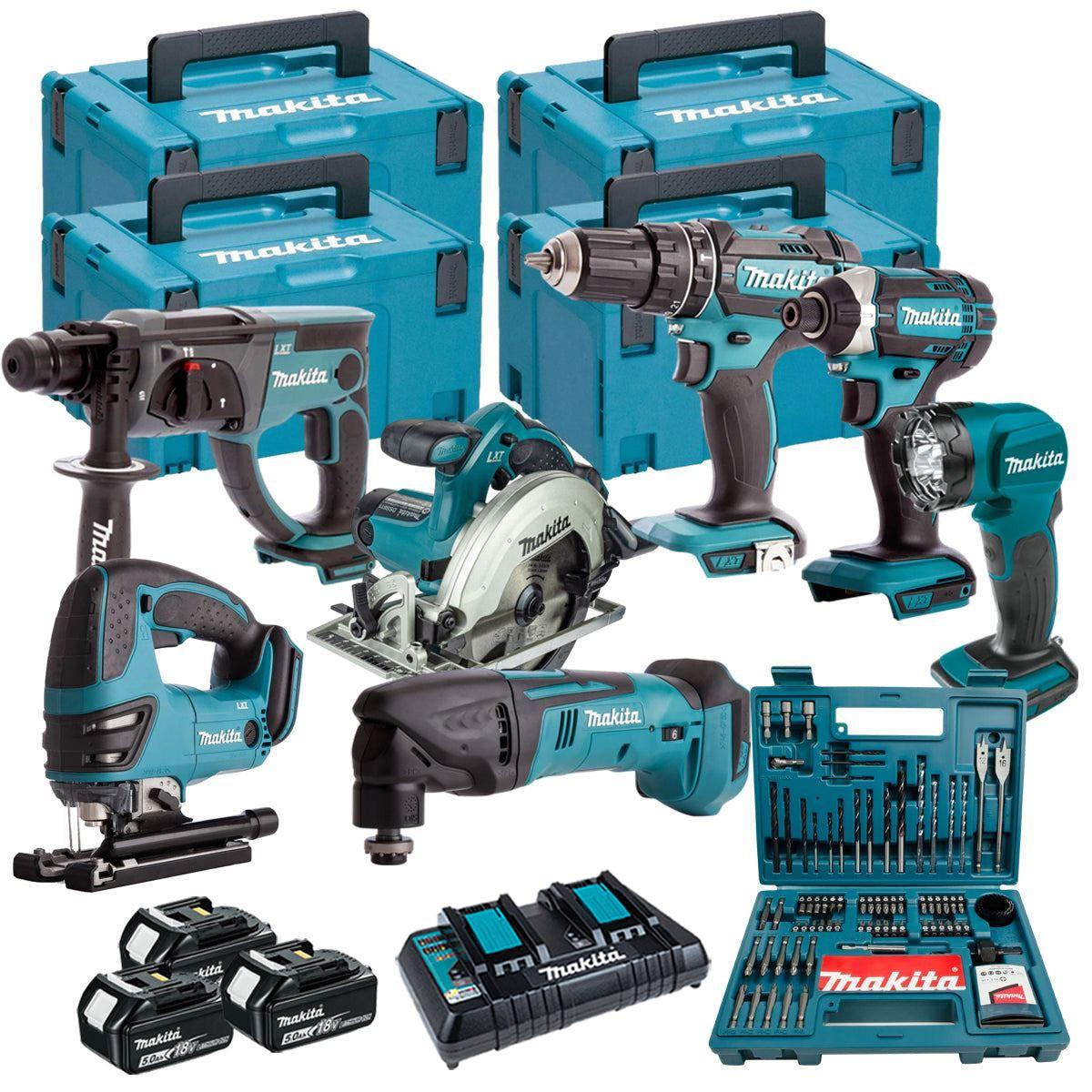Makita 18V 7 Piece Power Tool Kit with 3 x 5.0Ah Battery Charger & 100 Piece Bit Set T4TKIT-16452