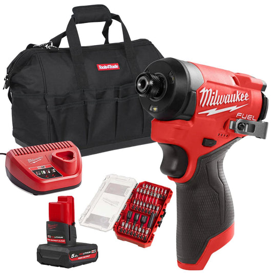 Milwaukee M12FID2-0 12V Brushless Sub Compact Impact Driver with 1 x 5.0Ah Battery Charger Bag & 35 piece Shockwave Bit Set