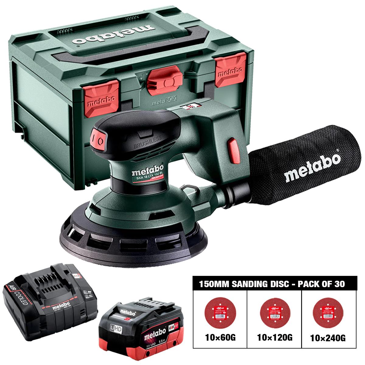 Metabo SXA 18 LTX 150 BL 18V Brushless 150mm Random Orbital Sander with Sanding Disc 60G, 120G, 240G Pack of 30 & 1 x 5.5Ah Battery, Charger & Case
