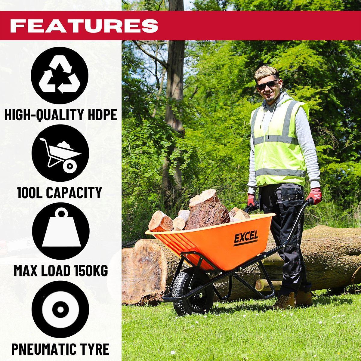Excel 70L Portable Cement Concrete Mixer 240V/220W with Wheels & 100L Wheelbarrow Orange HDPE Tray