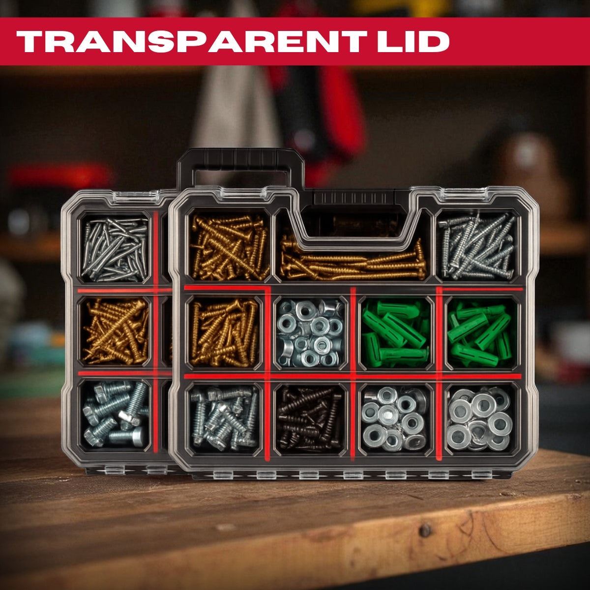 Excel 2-in-1 Tool Organiser Case, Portable Storage with Custom Dividers & Clear Lid