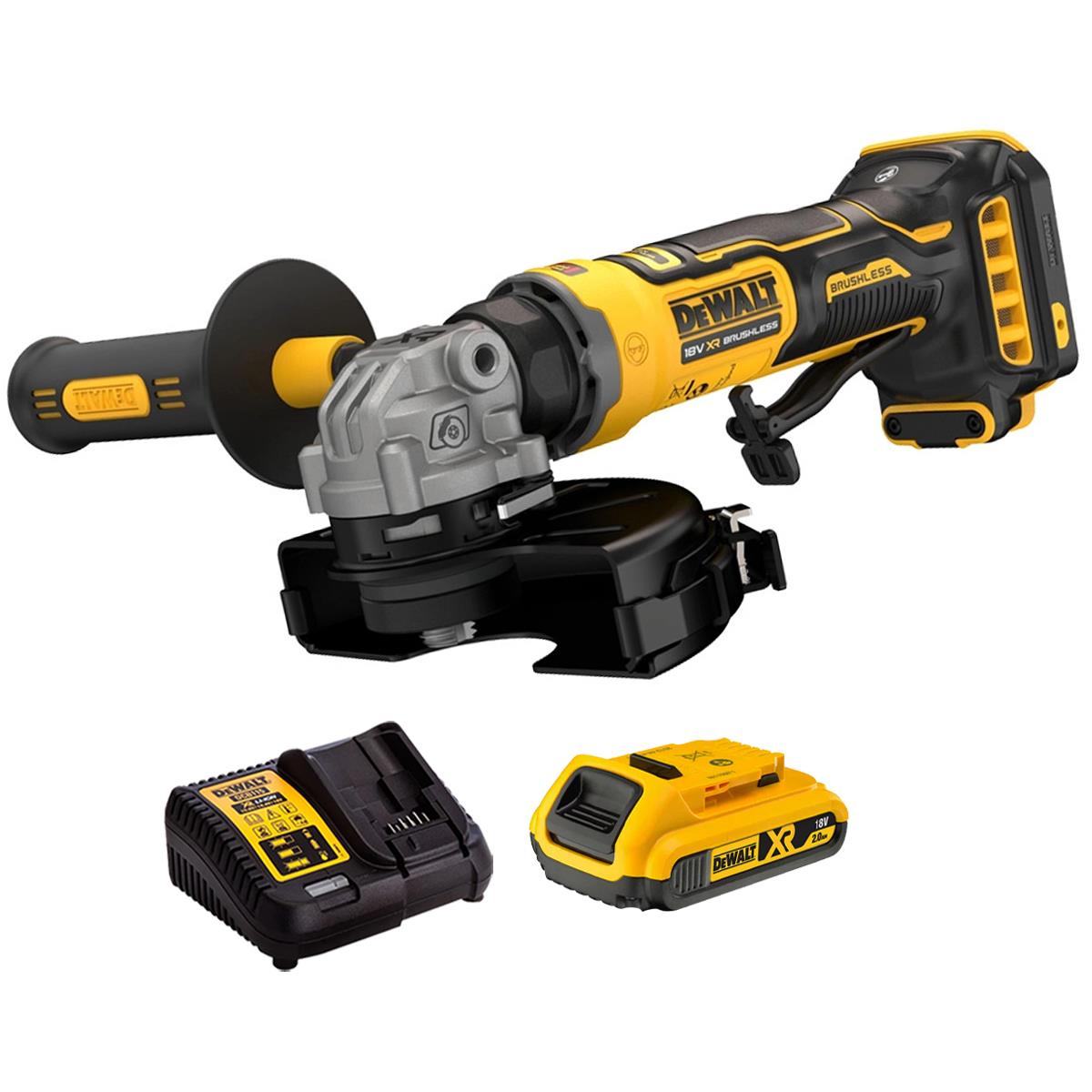 Dewalt DCG404N-XJ 18V XR Brushless Angle Grinder With 1 x 2.0Ah Battery & Charger