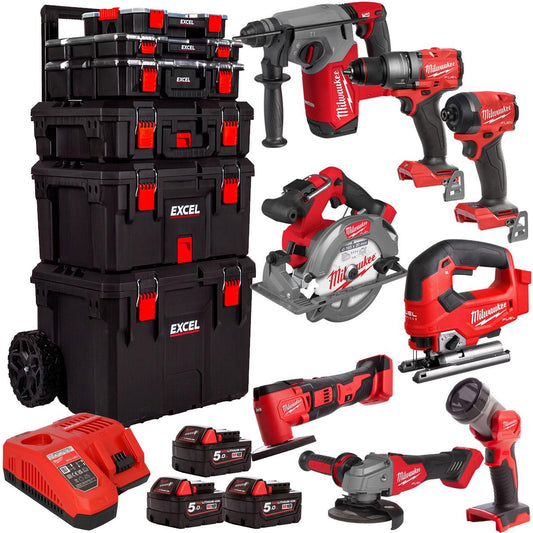 Milwaukee 18V 8 Piece Tool Kit with 3 x 5.0Ah Batteries & Trolley Toolbox