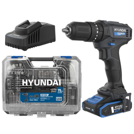 Hyundai HD20S-50TT 20V Cordless Hammer Drill  1 X 2Ah Battery and Charger With 75 Piece Accessory Kit in Carry Case